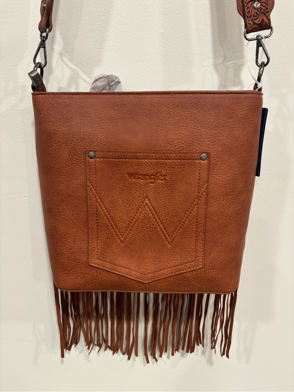 Wrangler Brown Leather Tooled Floral Fringe Crossbody - Picture 8 of 16